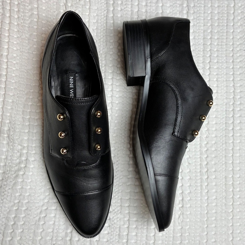 Nine West Wearable Oxfords 8.5 Black Leather Gold Stud Academia Edwardian Whimsi